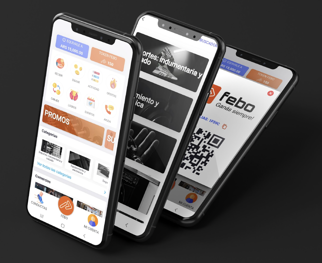FEBO App - Interfaz de usuario mostrando promociones y sistema de recompensas